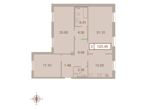 4 этаж 3-комнатн. 120.5 кв.м.