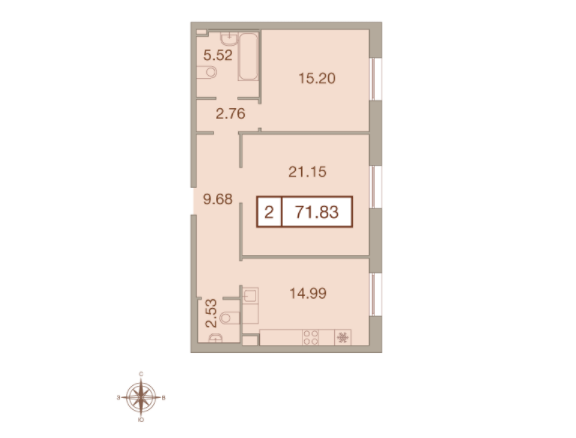 3 этаж 2-комнатн. 71.8 кв.м.