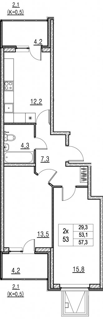 1 этаж 2-комнатн. 57.3 кв.м.