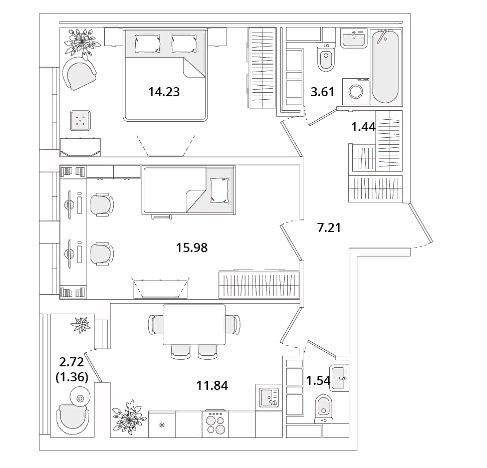 12 этаж 2-комнатн. 57.21 кв.м.