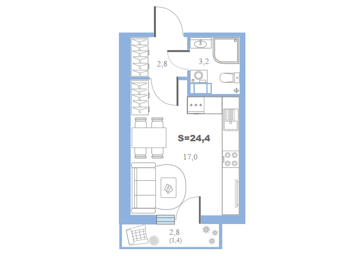 8 этаж 1-комнатн. 24.4 кв.м.