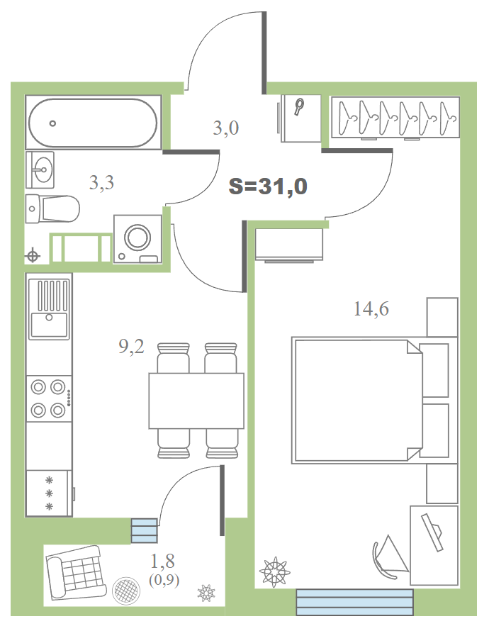 6 этаж 1-комнатн. 31 кв.м.