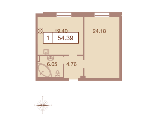 3 этаж 1-комнатн. 54.5 кв.м.