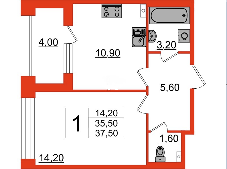 1 этаж 1-комнатн. 35.5 кв.м.