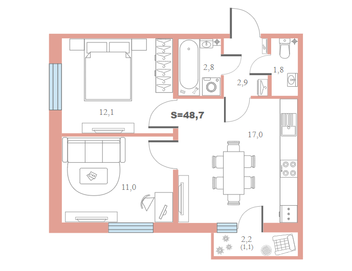 1 этаж 2-комнатн. 48.7 кв.м.