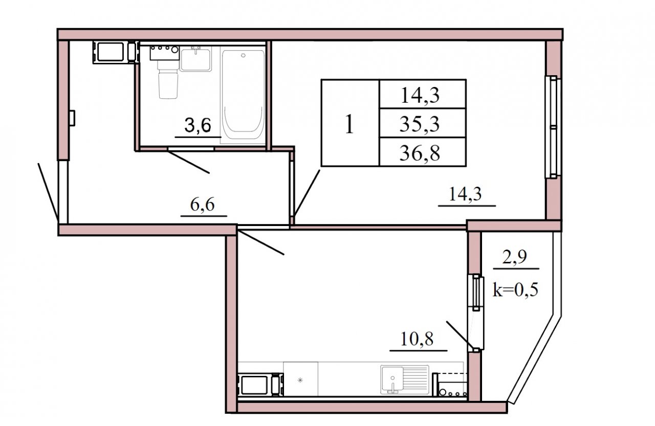 3 этаж 1-комнатн. 36.8 кв.м.