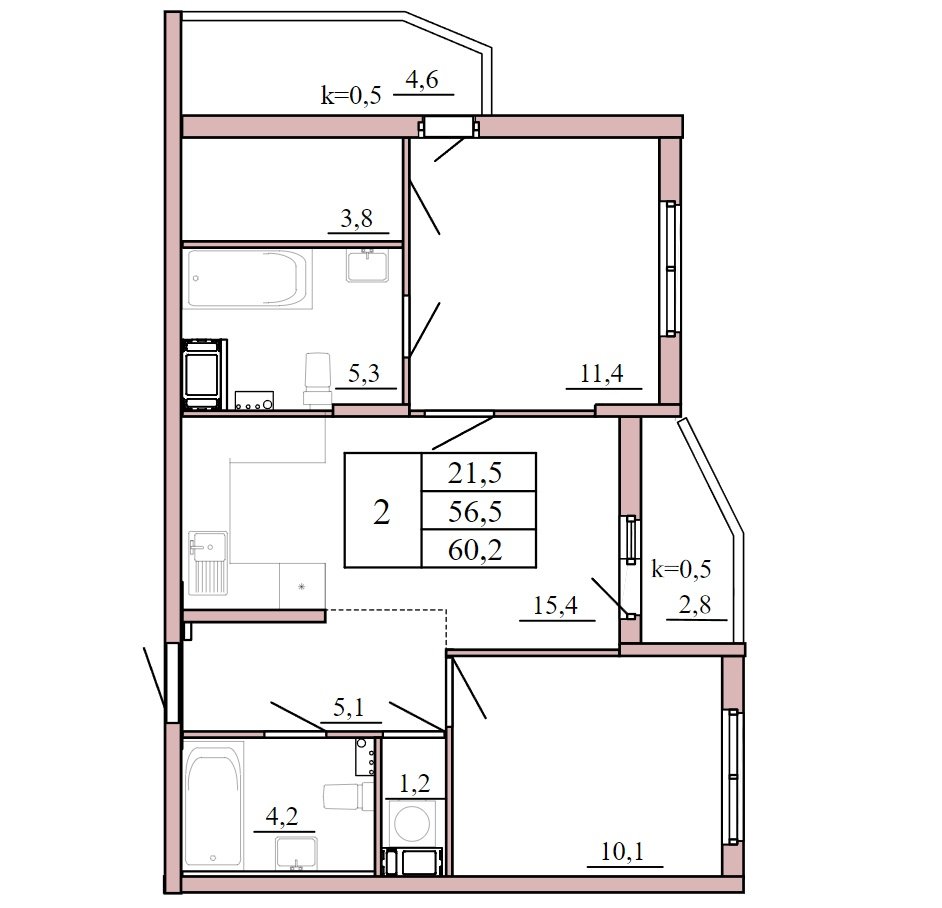 5 этаж 2-комнатн. 60.2 кв.м.