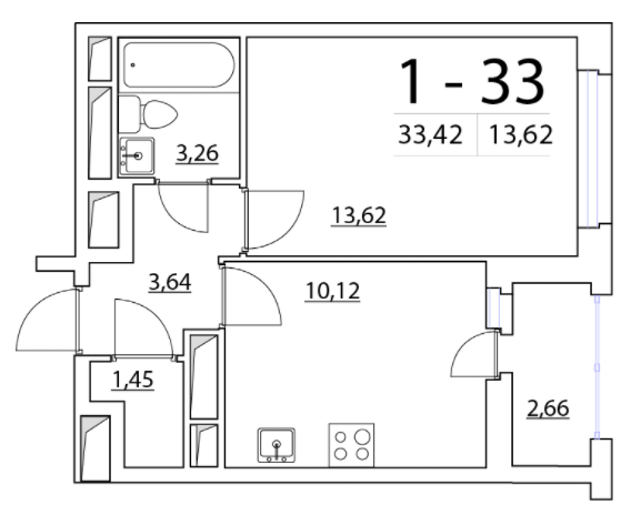 12 этаж 1-комнатн. 33.42 кв.м.