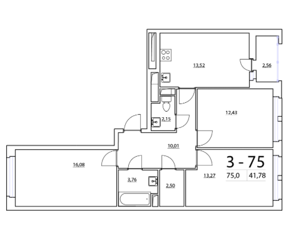 2 этаж 3-комнатн. 75 кв.м.