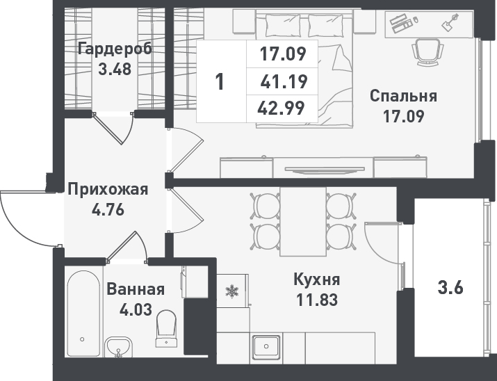 2 этаж 1-комнатн. 42.99 кв.м.