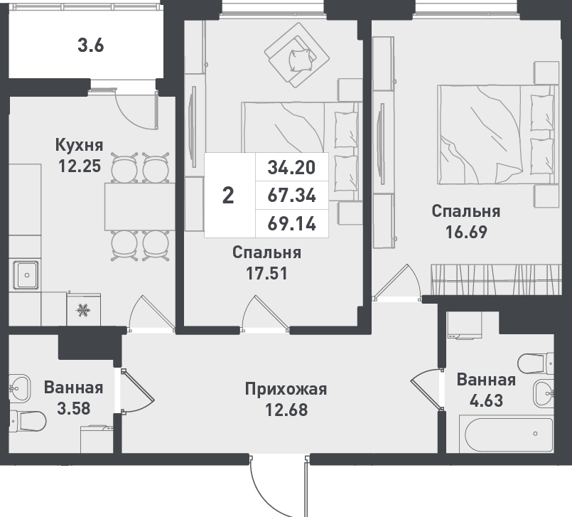 4 этаж 2-комнатн. 69.14 кв.м.